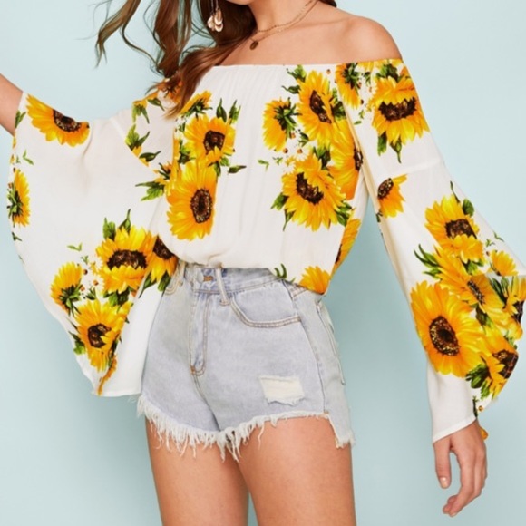 WHITE SUNFLOWER PRINT BOHO BARDOT SWING TOP - Picture 2 of 11